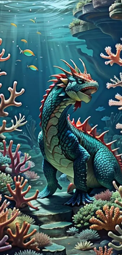 Underwater scene with a majestic dragon surrounded by colorful coral reefs.