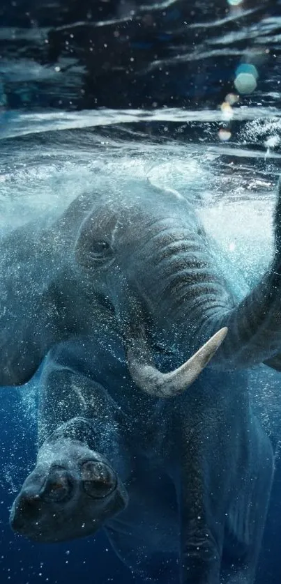 Elephant swimming underwater in deep blue waters.