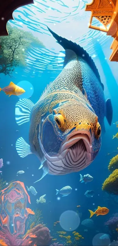 Underwater oasis with large fish and vibrant marine life.
