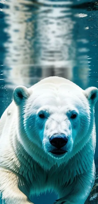 Majestic polar bear swimming underwater in vivid blue hues.