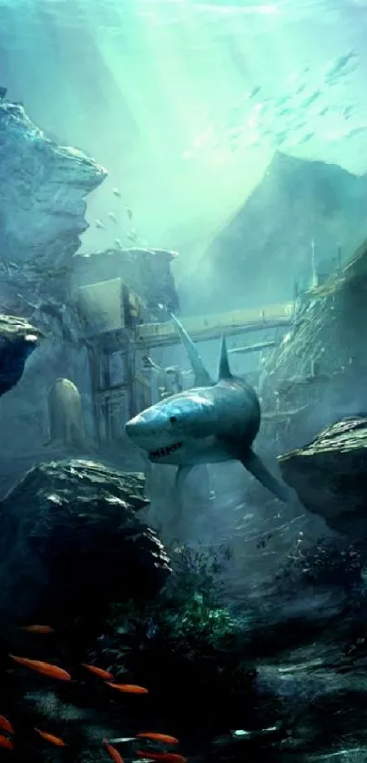 Underwater scene with shark and vivid marine life in teal waters.