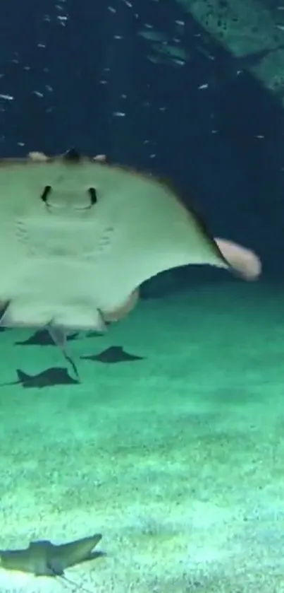 A graceful stingray glides underwater, surrounded by a tranquil marine setting.