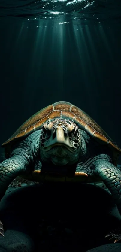 Majestic turtle swimming underwater with beams of light filtering through the ocean.