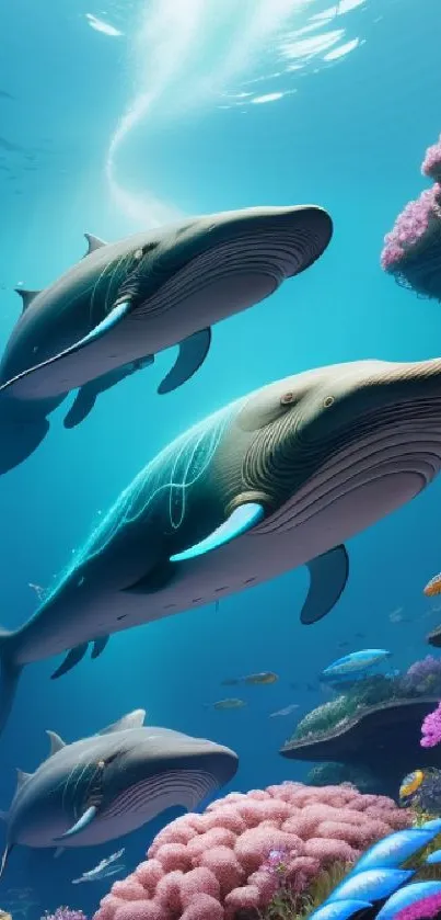 Majestic whales swimming among coral reefs in vibrant underwater setting.