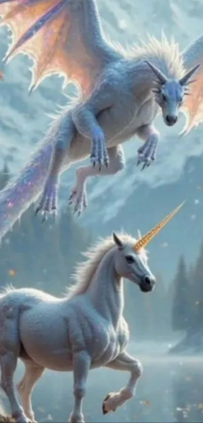 Epic fantasy wallpaper with unicorn and dragon.