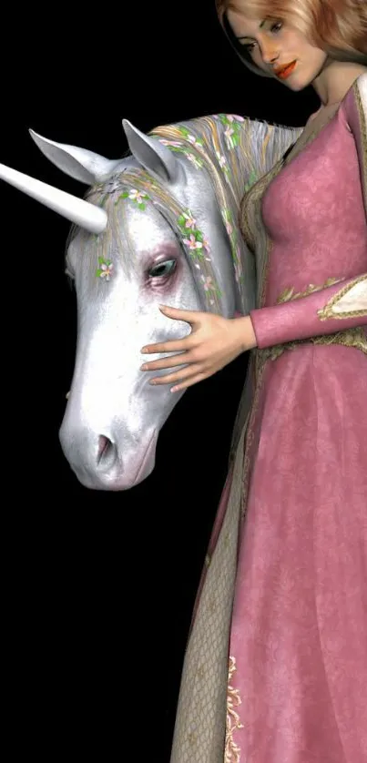 Elegant lady with unicorn in fantasy art wallpaper.