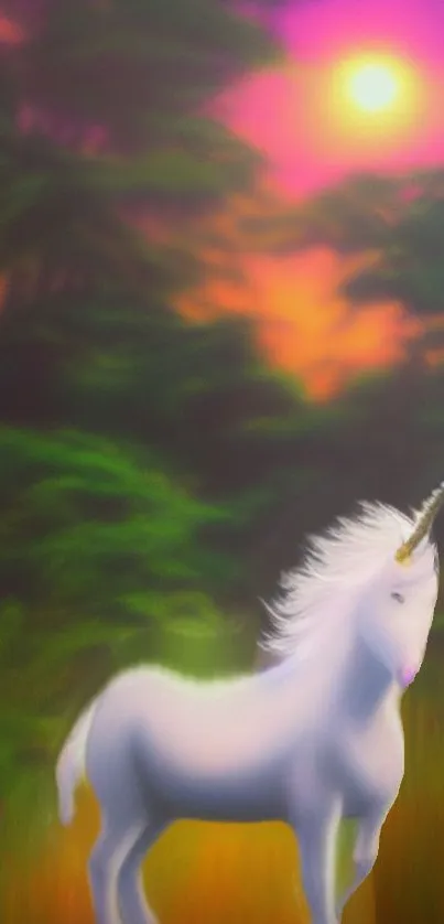 Mystical unicorn in a vibrant sunset forest scene.