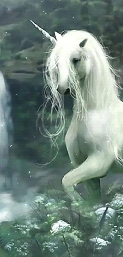 Fantasy wallpaper of a unicorn by a forest waterfall.