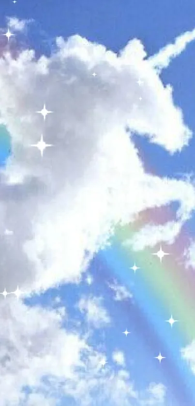 Unicorn-shaped cloud with rainbow in blue sky.