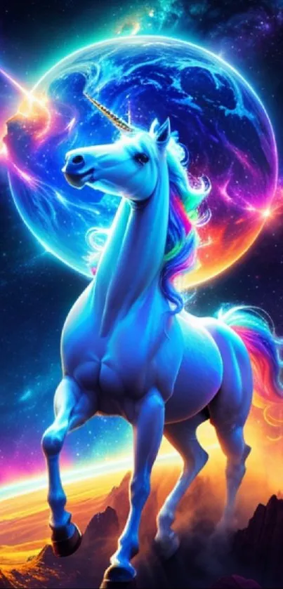 Majestic unicorn under a cosmic neon sky with vibrant colors.