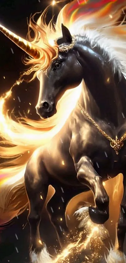 Majestic unicorn with fiery golden mane and tail illuminating the dark surrounding.