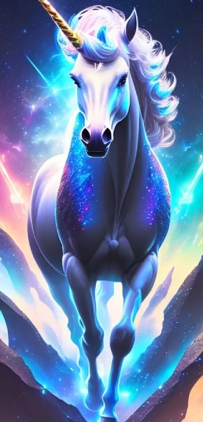 Majestic unicorn in a cosmic scene, vibrant blues and purples abound.