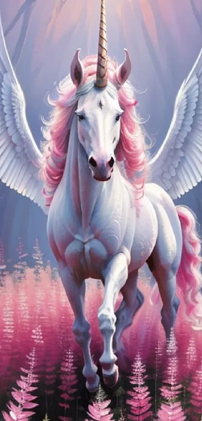 Majestic unicorn with wings in a pink forest.