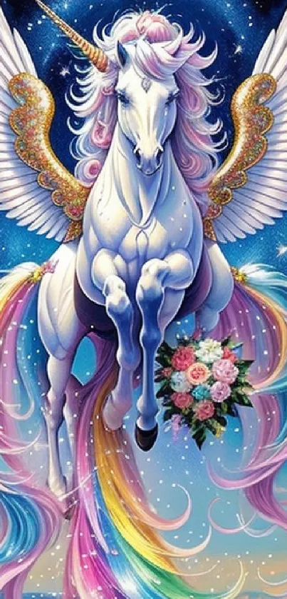 Majestic unicorn with rainbow mane in a starry fantasy setting.