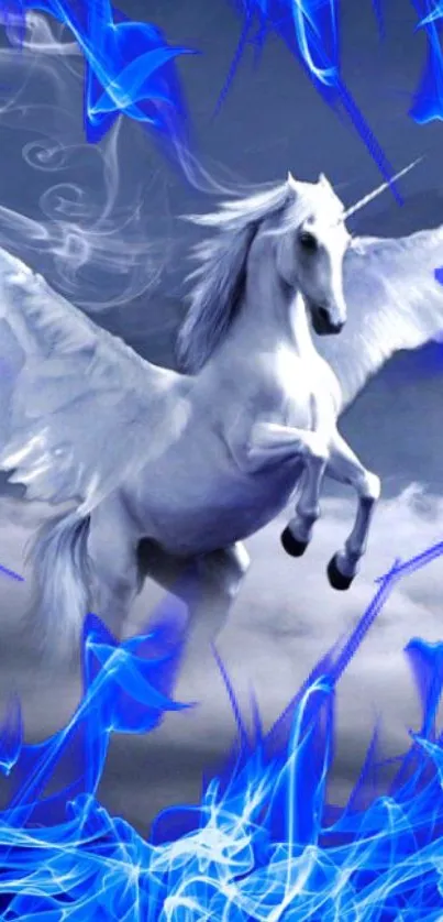 Majestic unicorn soaring through mystical blue clouds, fantasy art wallpaper.