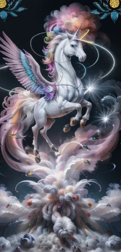 Majestic unicorn in a magical cloud scene with vibrant colors and ethereal elements.