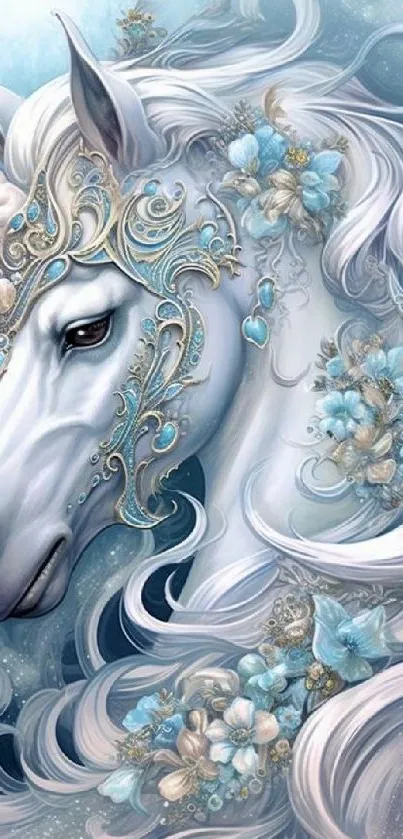 Majestic unicorn with blue floral accents in fantasy art wallpaper.