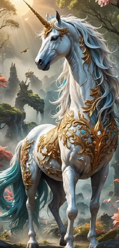 Majestic unicorn in a mystical forest, adorned with gold and surrounded by nature.