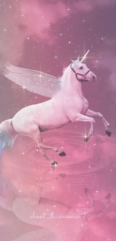 Majestic unicorn gracefully flying in a pink fantasy sky with magical sparkles.