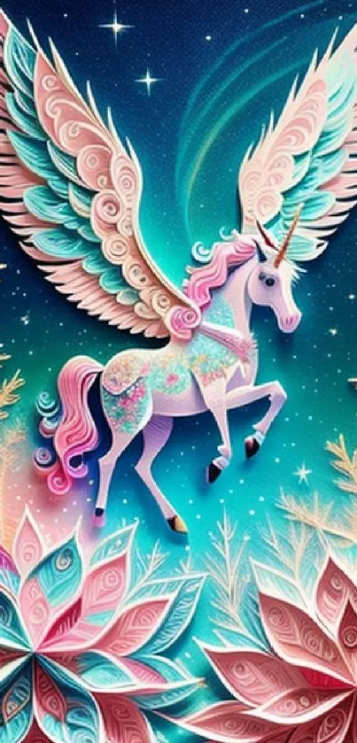 Majestic unicorn with wings in a vibrant fantasy scene.