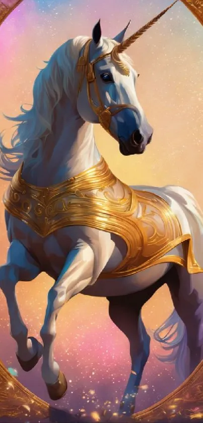 A majestic unicorn in golden armor against a colorful fantasy background.