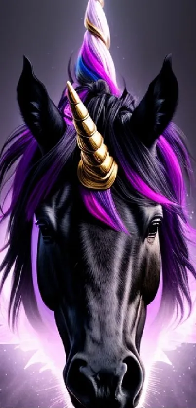 Majestic unicorn with a golden horn and purple highlights in a fantasy art style.