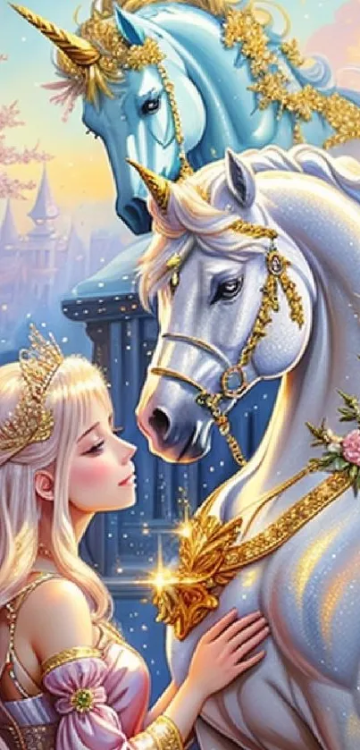 Elegant princess and unicorn in a dreamy fantasy setting.