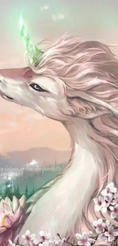 Enchanting unicorn with a glowing horn in pastel scenery.