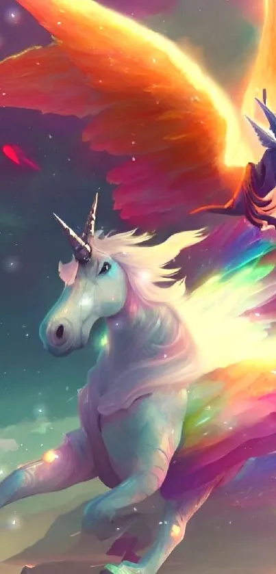 Ethereal unicorn with rainbow wings in a fantasy sky.