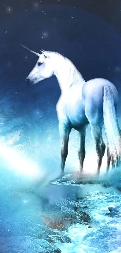 Enchanted unicorn in a mystical blue landscape.