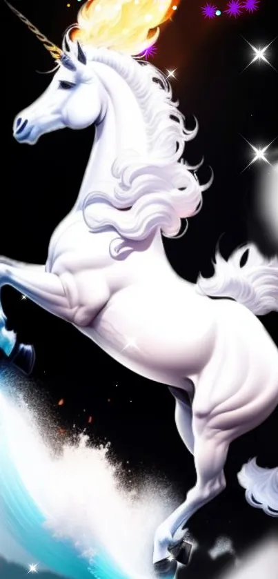 White unicorn with flaming horn in a magical setting.