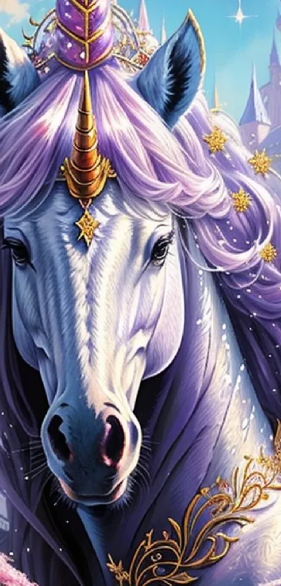 Majestic unicorn with purple mane by a castle in fantasy art wallpaper.