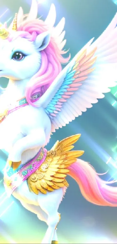 Majestic unicorn with pink mane and golden wings against a pastel background.