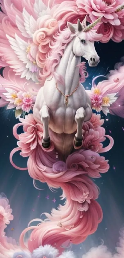 Majestic unicorn with pink clouds and wings in a fantasy art wallpaper.