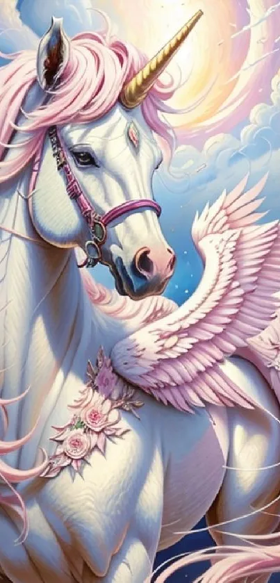 Stunning unicorn with pink mane and wings in a celestial fantasy setting.