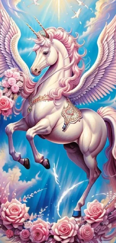 Majestic unicorn with wings and roses in a fantasy sky.