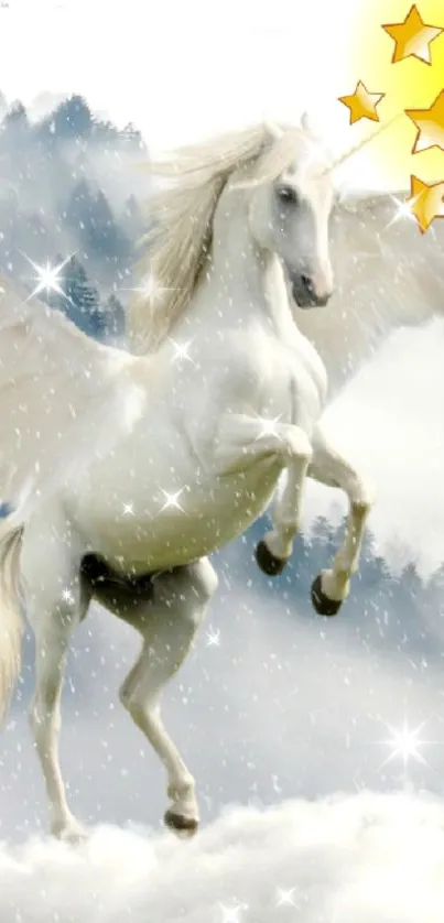 Majestic unicorn in clouds with stars and mountains.