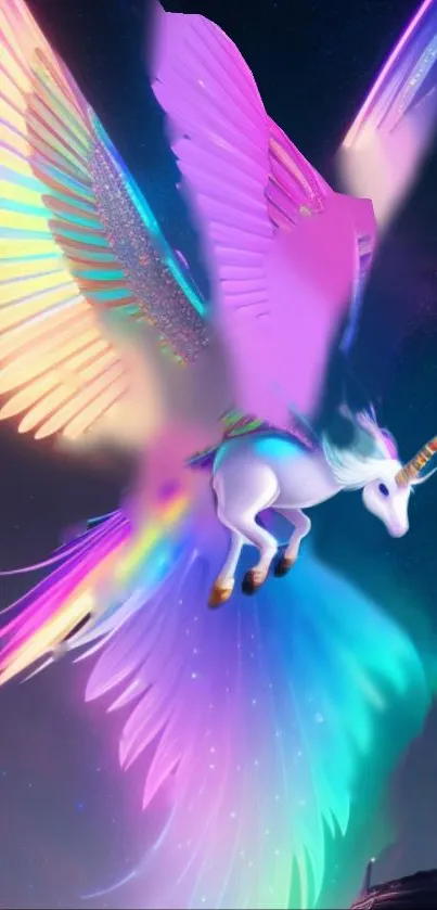 Vibrant unicorn with rainbow wings soaring night sky.