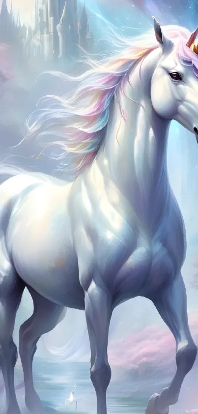 Majestic unicorn in a fantasy landscape with a castle and rainbow.