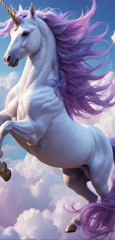 Magical unicorn with purple mane against clouds.