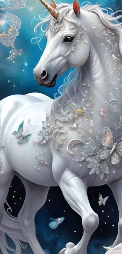 Magical unicorn with butterflies in an enchanting celestial scene.