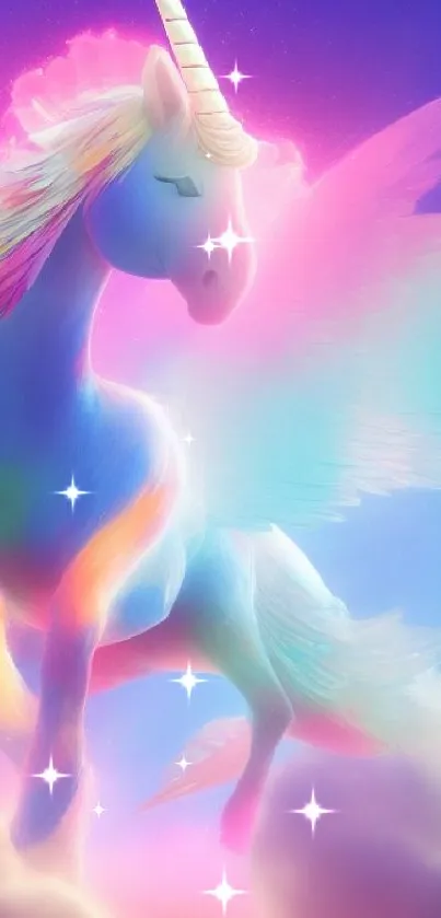 A colorful unicorn soaring through a dreamy sky.