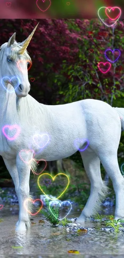 White unicorn in a lush, green forest setting with a mystical atmosphere.