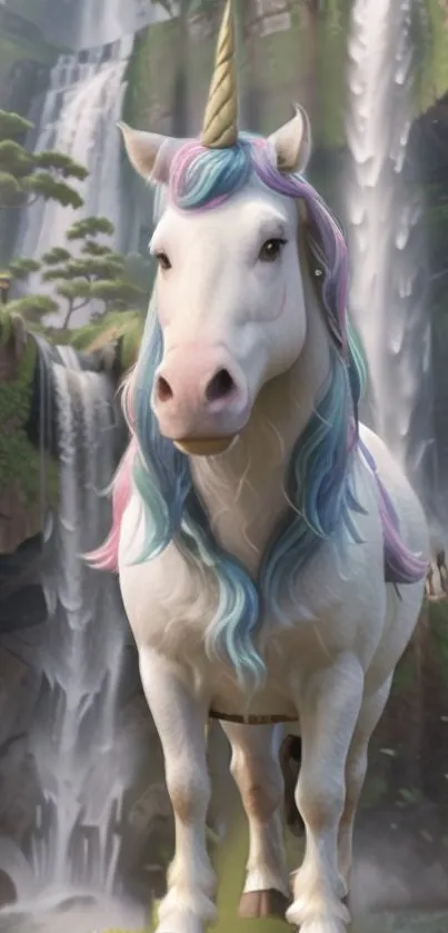 Majestic unicorn with colorful mane in a lush, waterfall-adorned fantasy landscape.