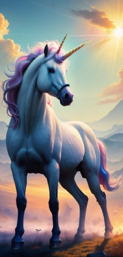 Majestic unicorn standing under a colorful sky with clouds and mountains.