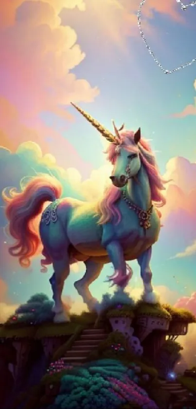 Magical unicorn in colorful fantasy sky with heart-shaped cloud.