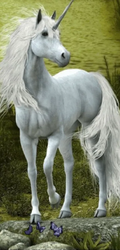 Majestic white unicorn in a lush, enchanted forest setting.