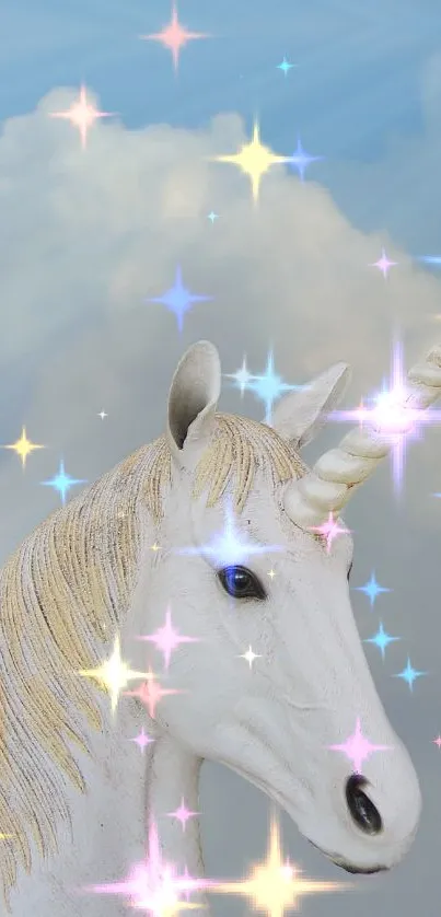 Magical unicorn with sparkling stars in a dreamy cloud sky.