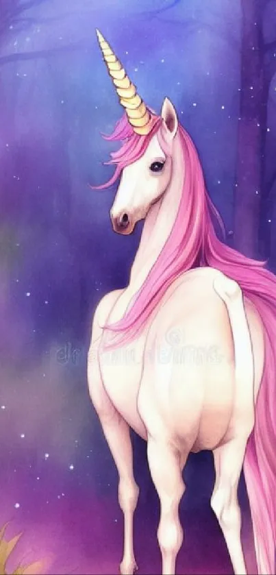 Pink-maned unicorn in magical forest wallpaper.