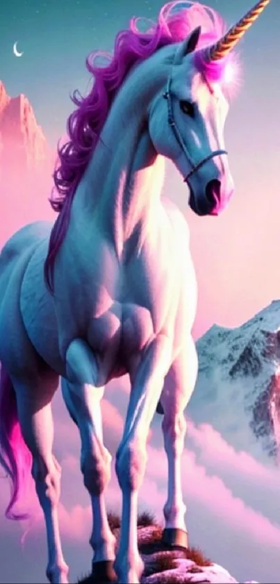 Majestic unicorn with pink mane in a mystical mountain setting.